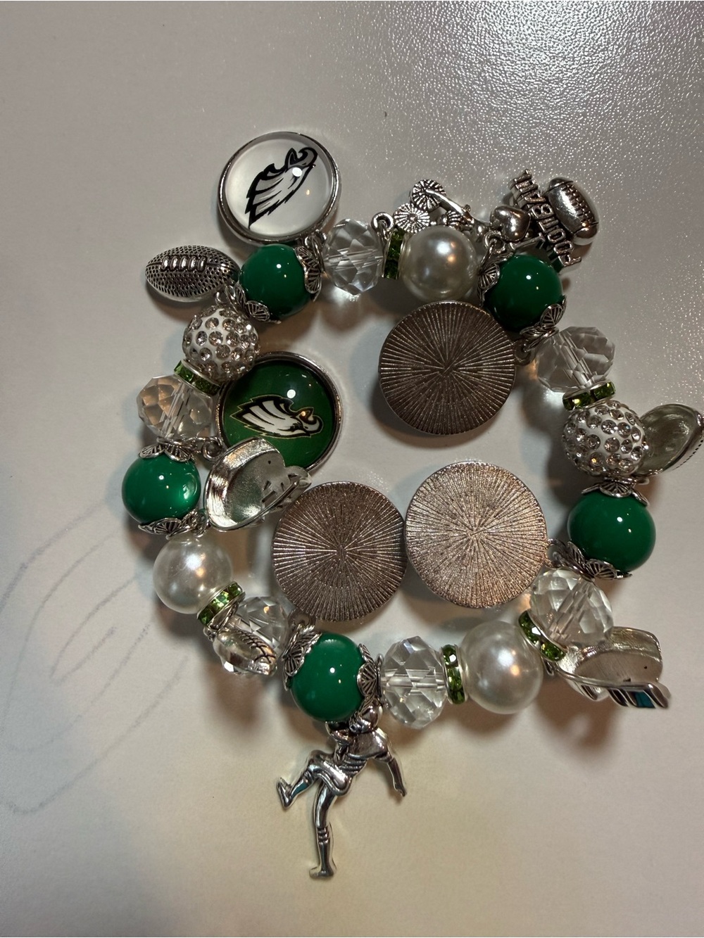 Silver and Green Charm Bracelet with Team Logo Accent